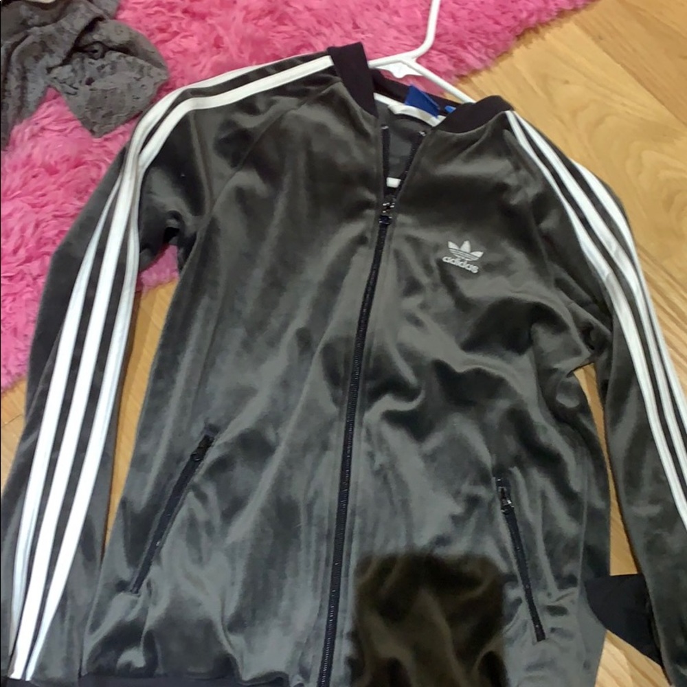 Gray Velvet Adidas jacket with white stripes